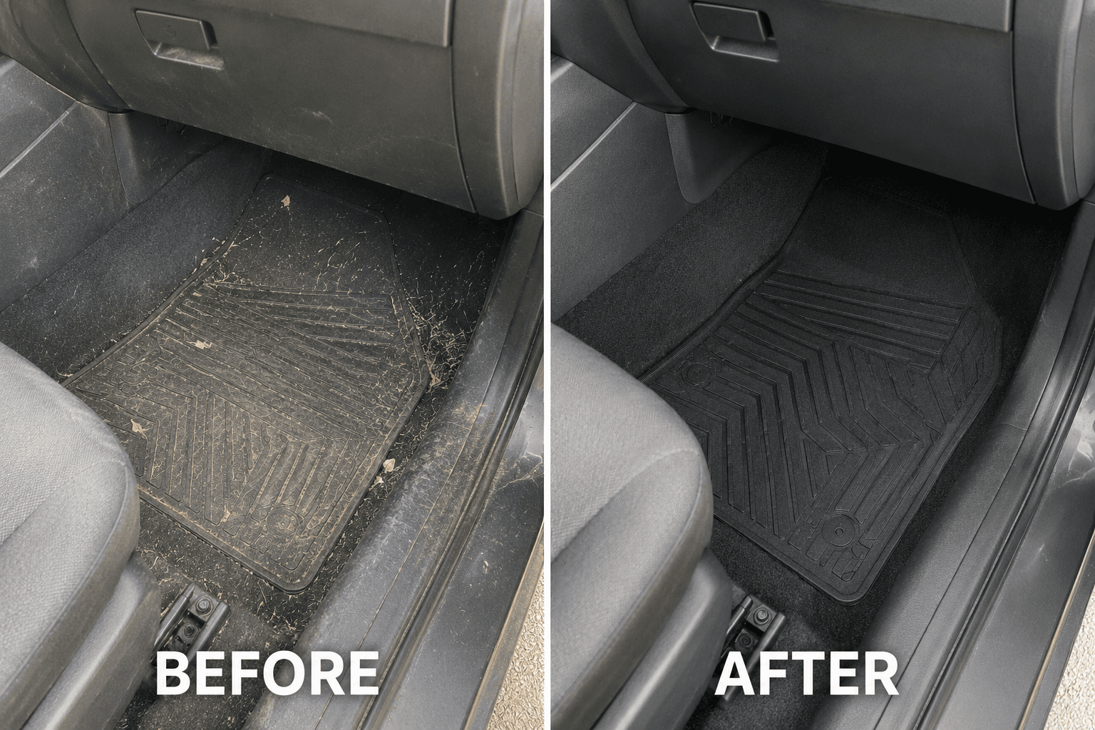 Before and after front floor mat and footwell cleaning