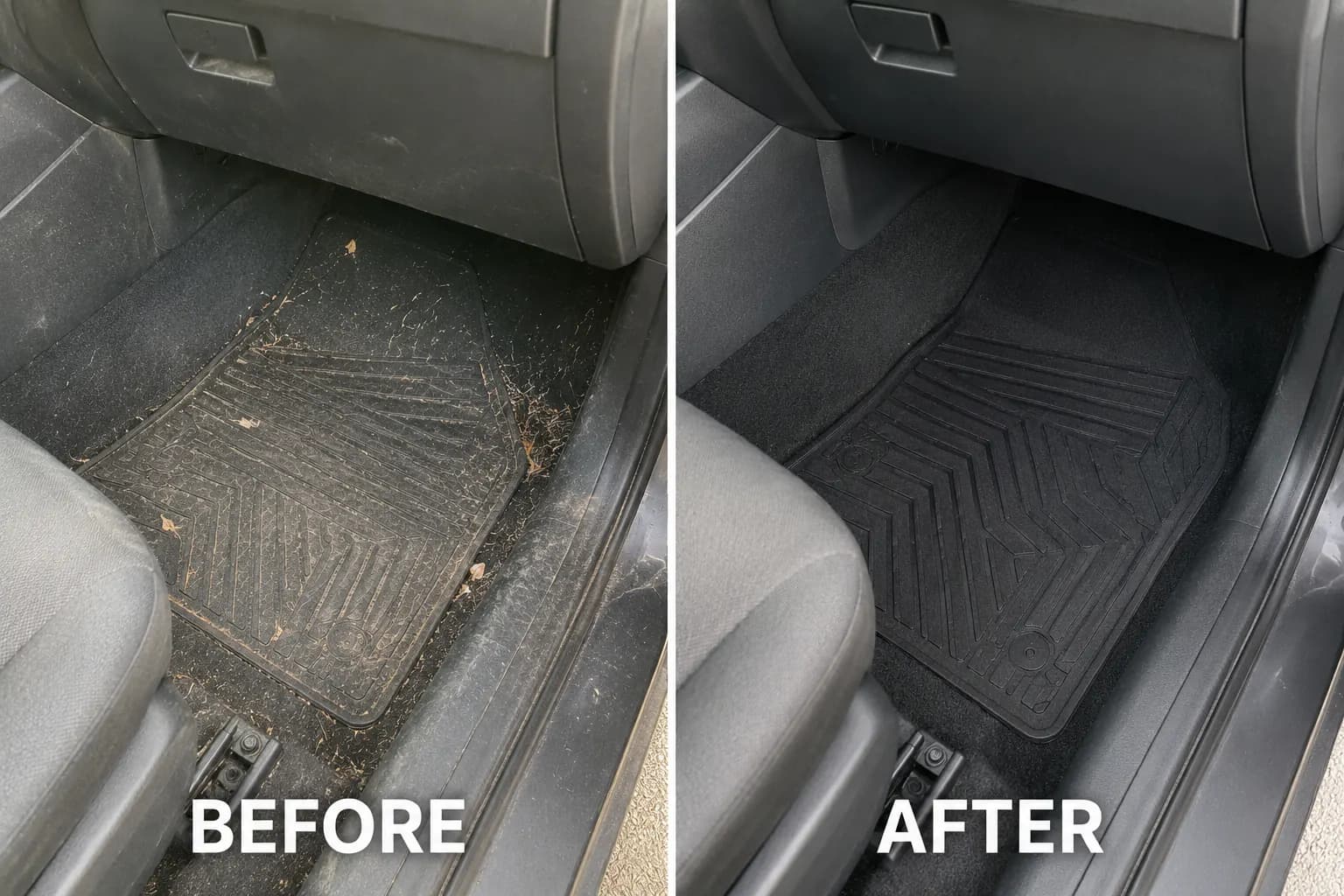 Before and after front floor mat and footwell cleaning