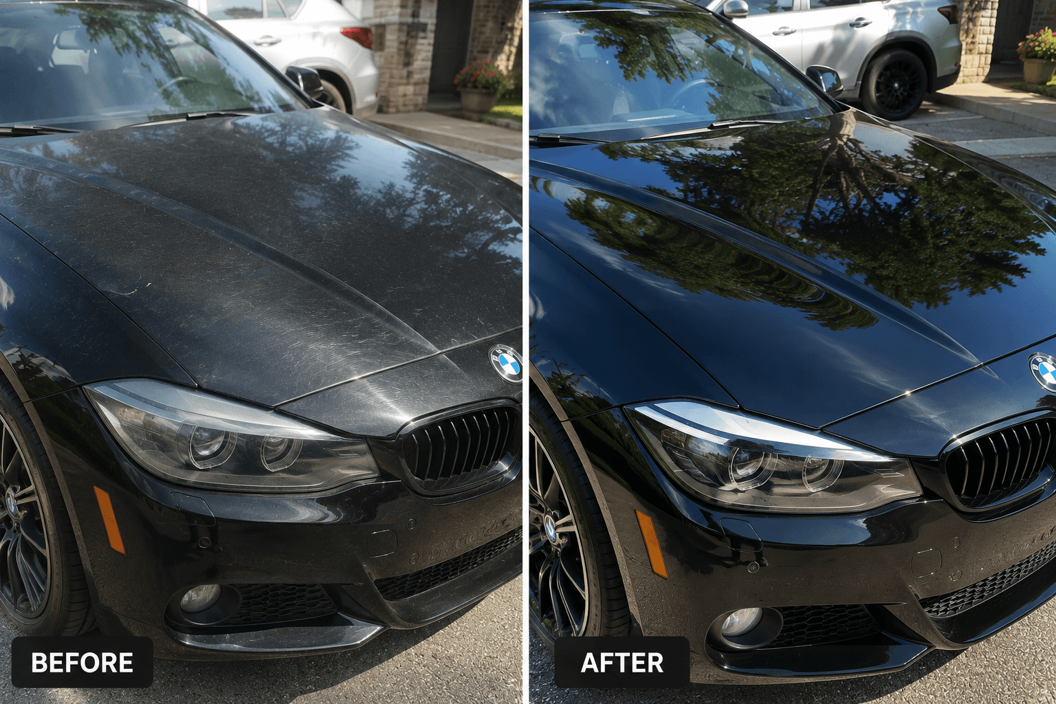 Before and after gloss improvement on a black BMW hood