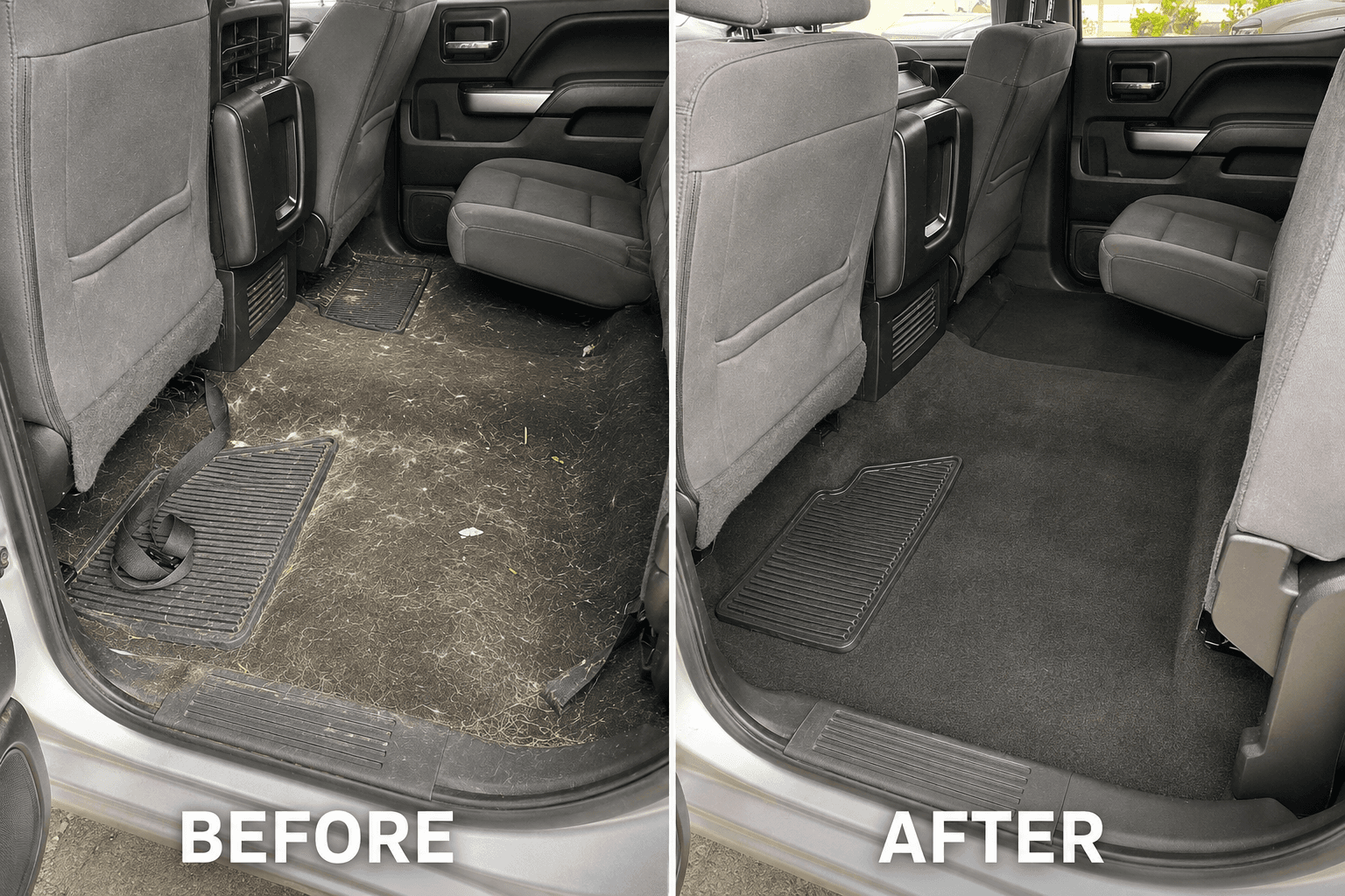 Before and after pet hair removal in a rear vehicle cabin
