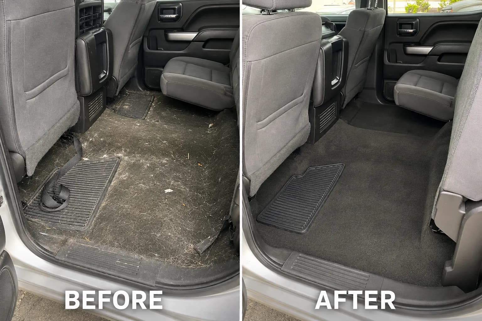 Before and after pet hair removal in a rear vehicle cabin