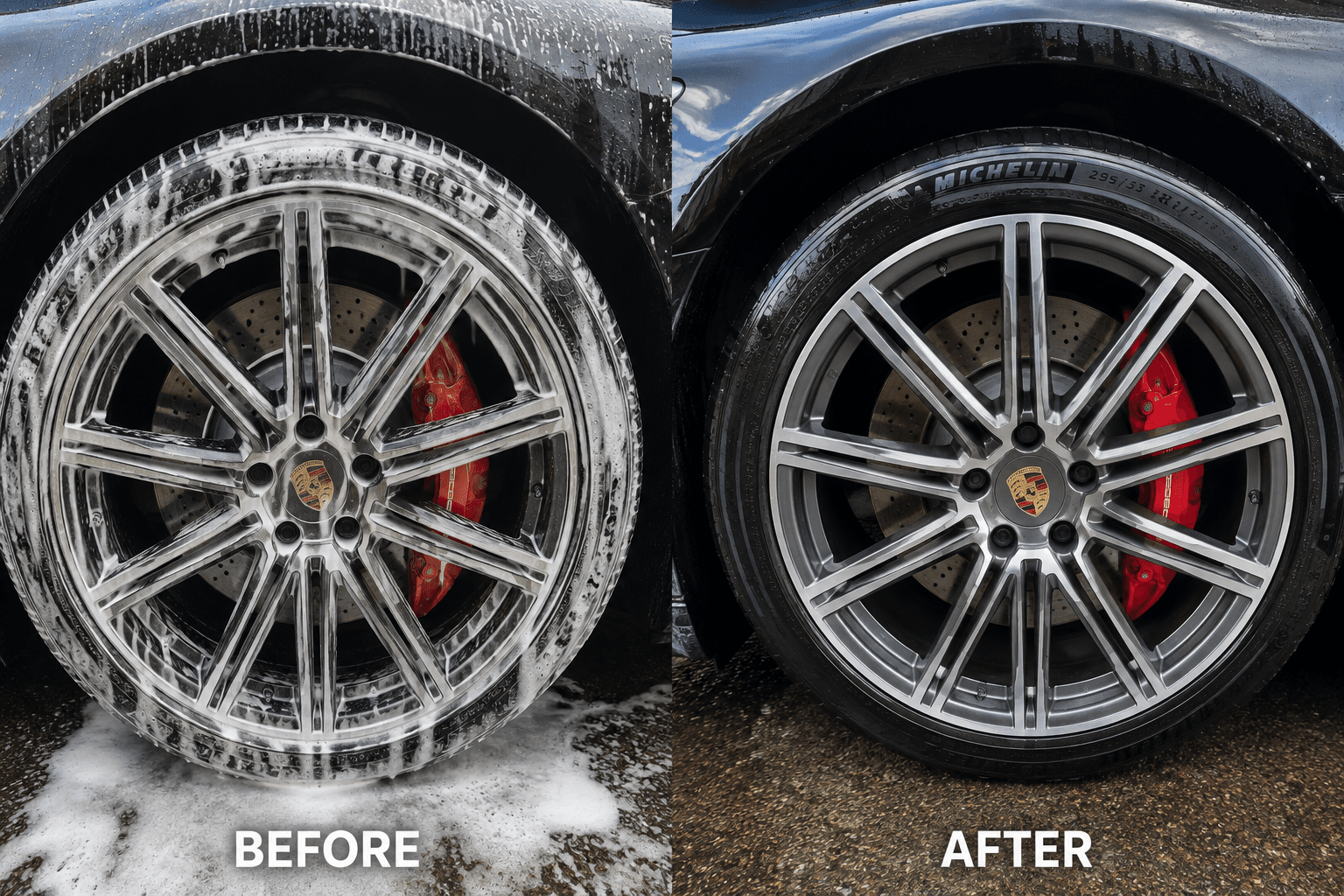 Before and after wheel and tire cleaning on a Porsche wheel