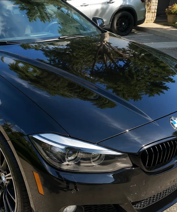 Glossy black BMW hood after a Detail Pals exterior detail
